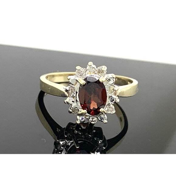 Red Gemstone Diamond Cocktail Ring 10k Yellow Gold Women's Estate Size 6.25